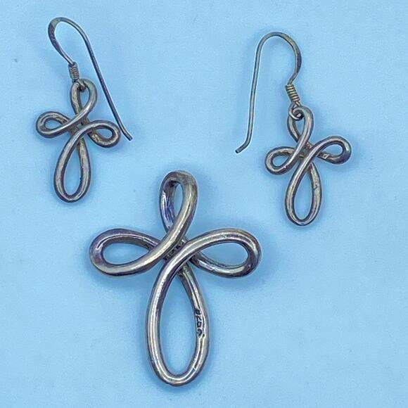 INFINITY CROSS 925 Sterling Silver Pendant And Earrings Jewelry Set - Picture 1 of 10